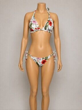 NWT Floral Ribbed Halter Bikini Set- Size Large White Tropical Print